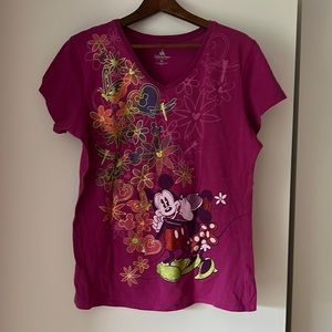 Disney Parks Mickey & Minnie Floral Tee Shirt Embroidered Beaded XL